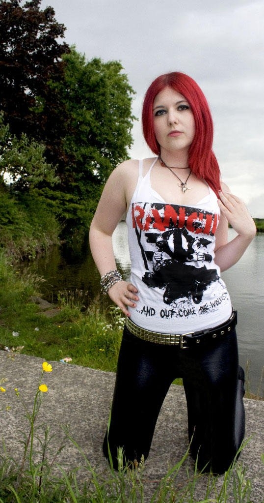 Redhead Gothic Girl wearing Black Pants and White Tee-Shirt